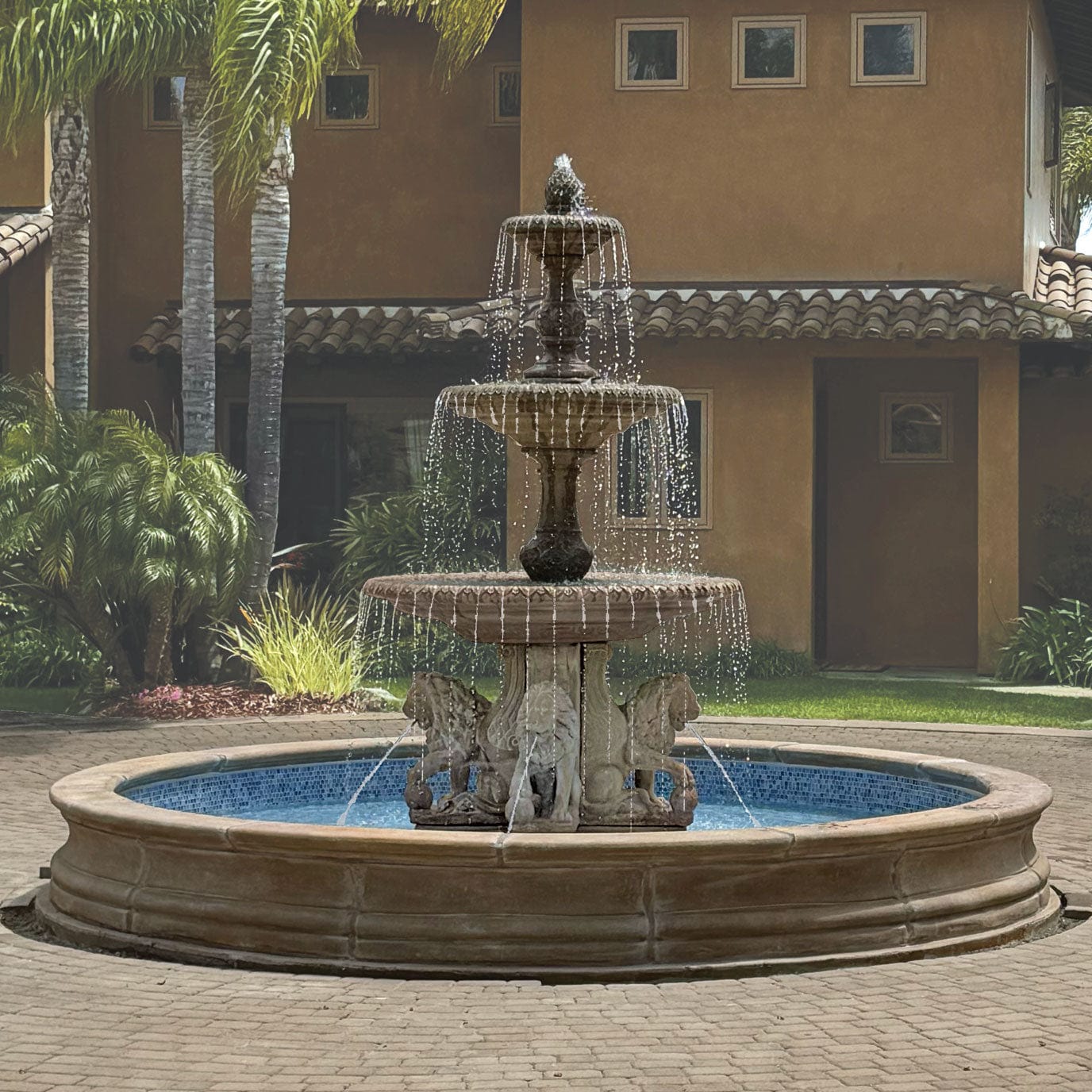 Four Seasons Fountain with Lion Base Pedestals and 16' Pond