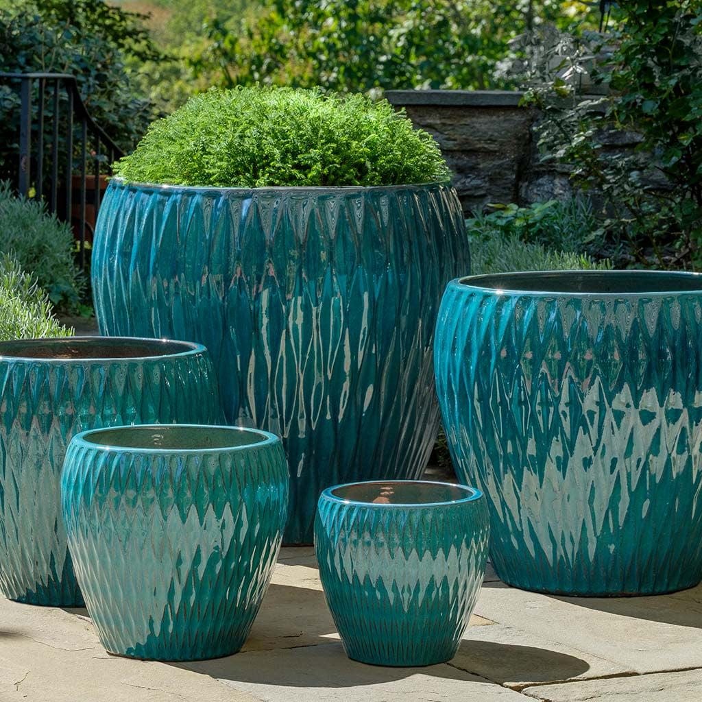 Harlequin Glazed Planter Nested Set of 5 in Blue Jade finish