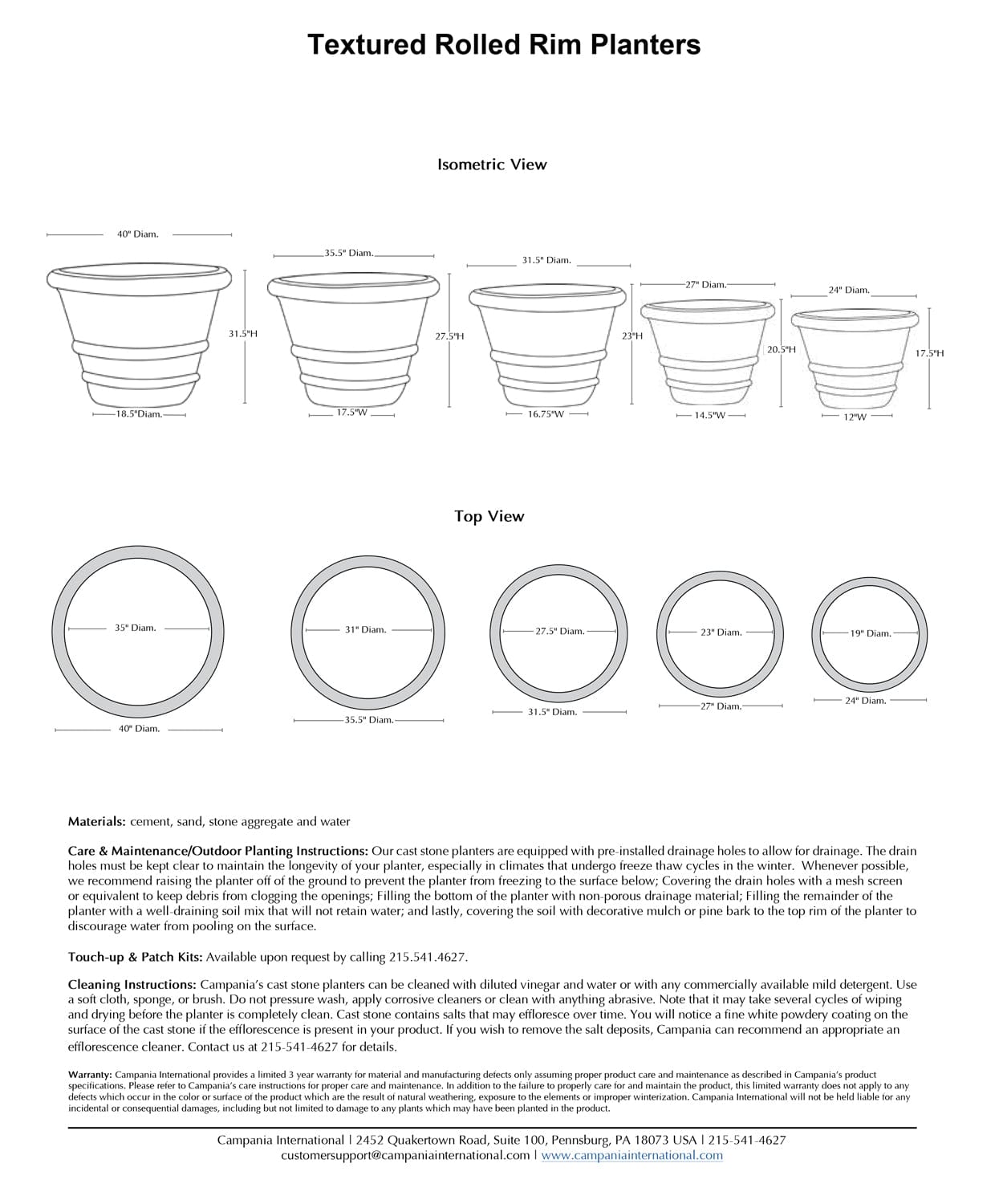 Textured Rolled Rim Cast Stone Concrete Planter Specs