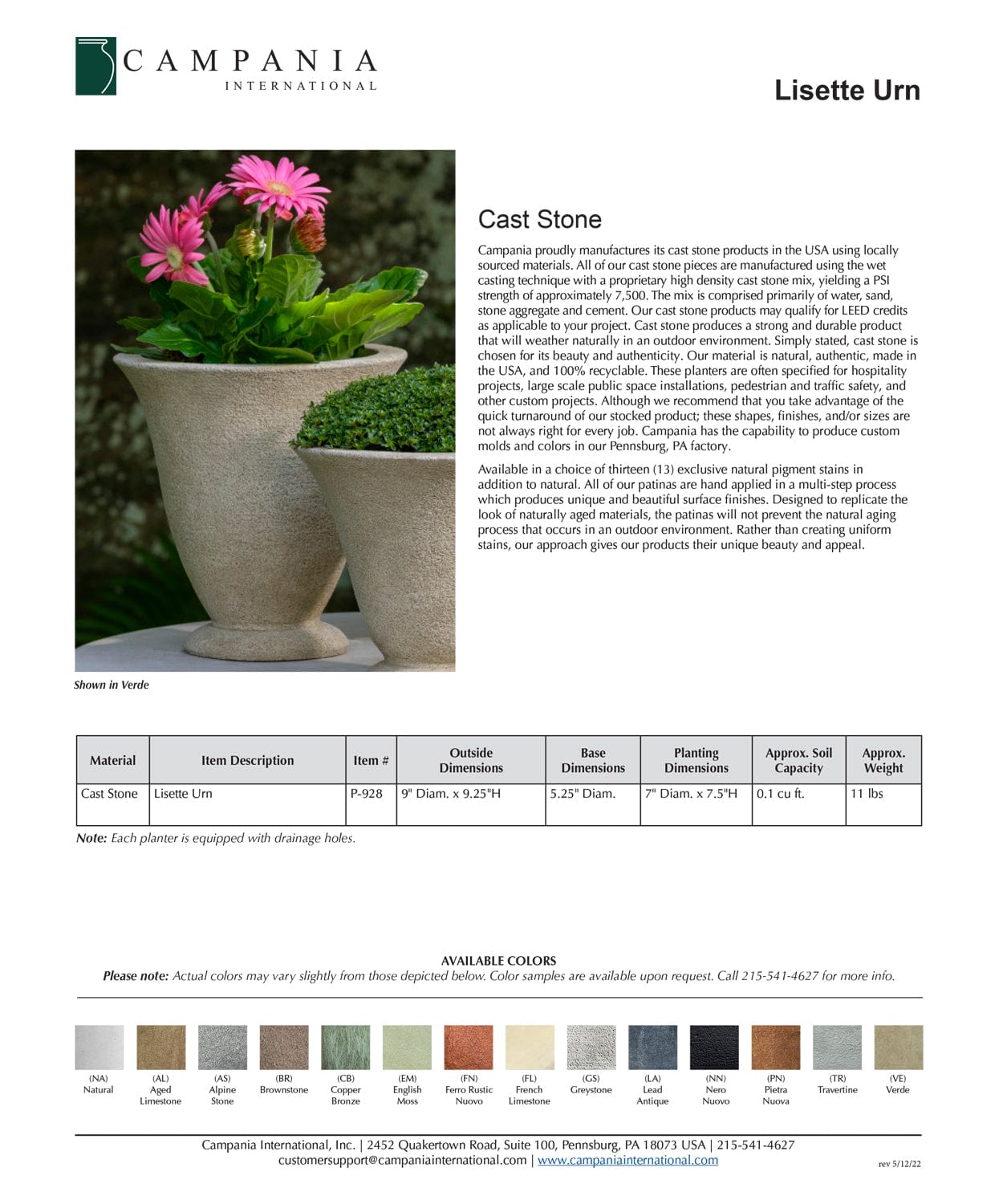 Lisette Urn | Cast Stone Planter Specs