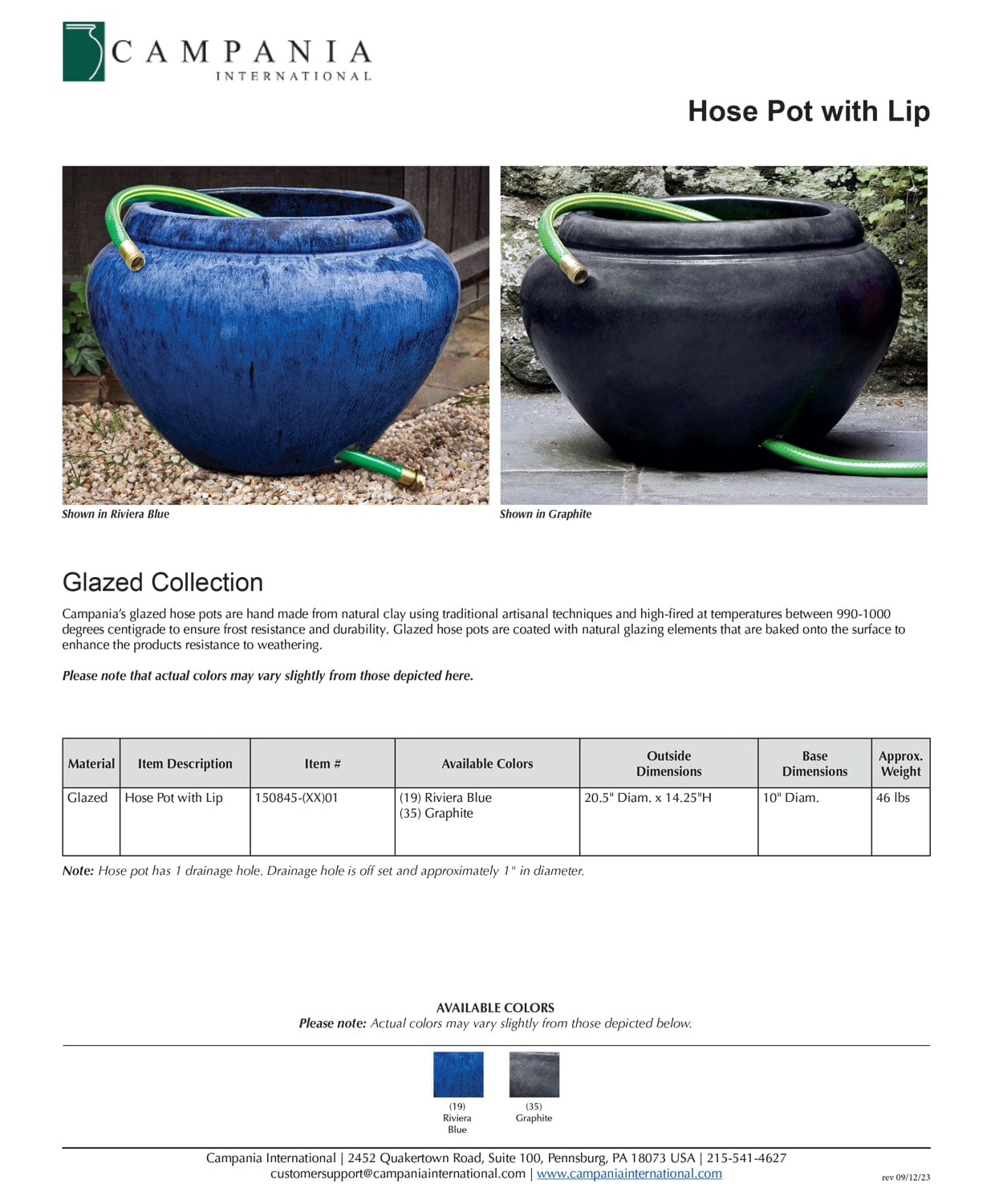 Glazed Terra Cotta Outdoor Hose Pot with Lip in Riviera Blue