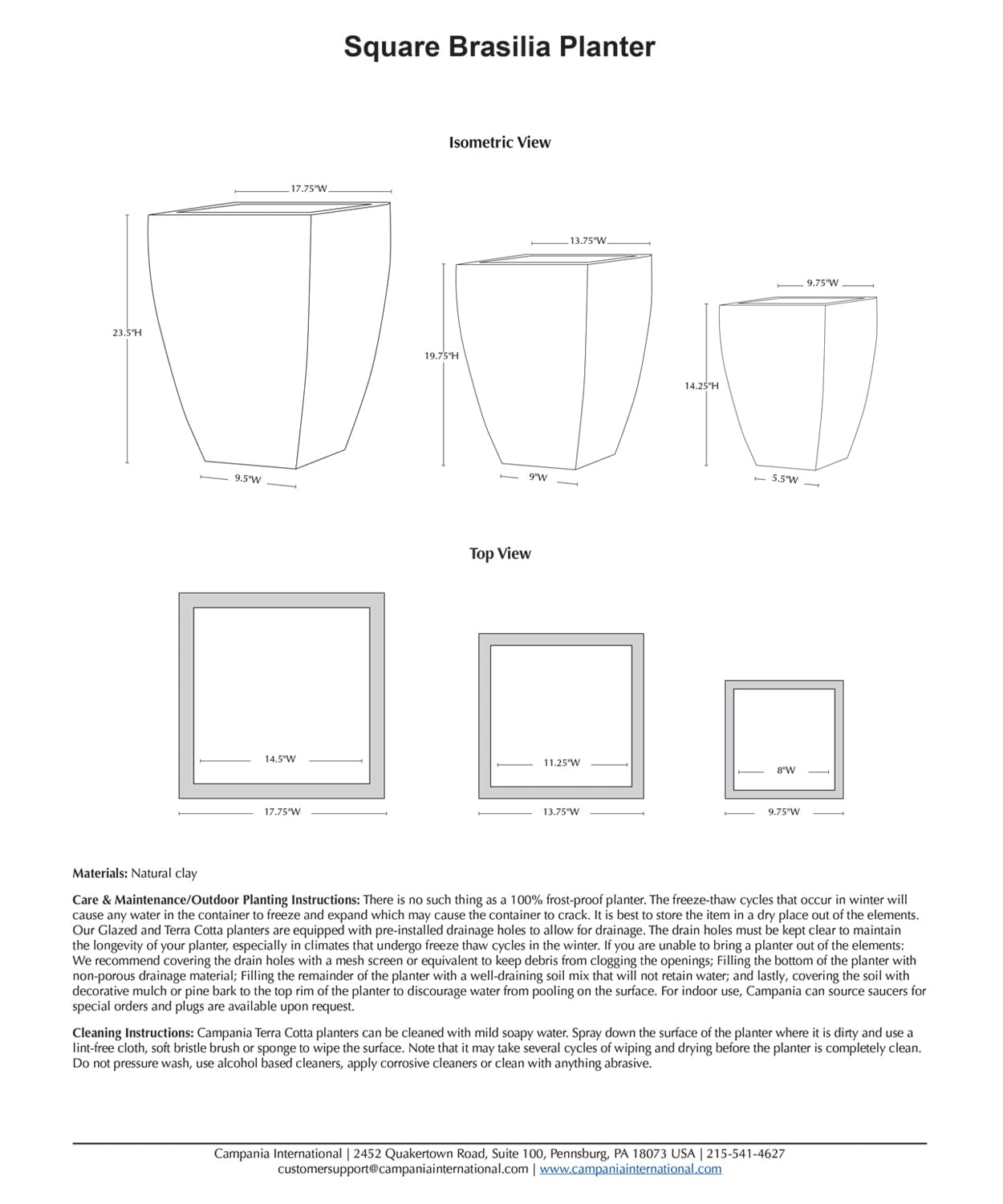 Square Brasilia Planter Set of 3 | Terra Cotta Collection