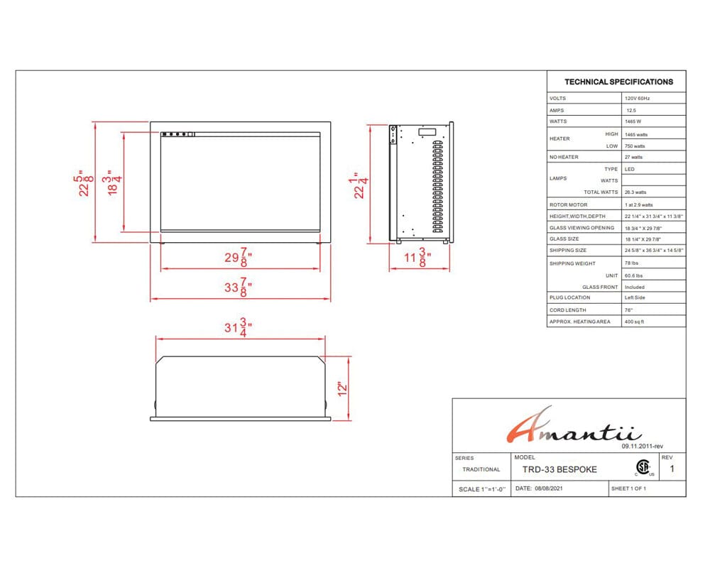 Amantii 33" TRD Bespoke Smart Electric Fireplace Insert